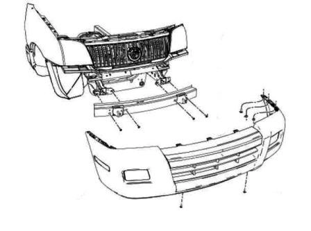 the scheme of mounting front bumper Ford Explorer IV (2006-2010)