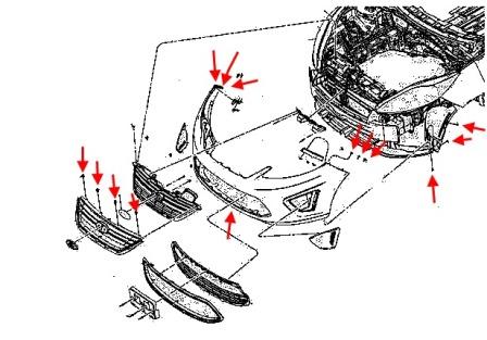 the scheme of mounting front bumper Ford Fiesta (2008-2013)