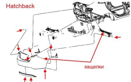 diagrama de montaje del parachoques trasero Ford Fiesta (2008-2013)