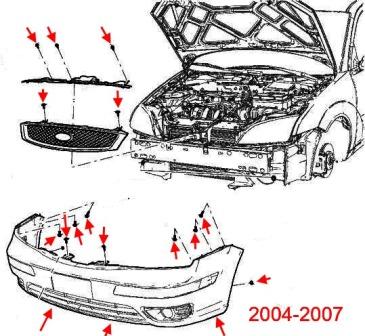 the scheme of fastening of the front bumper the Ford Focus 2 (2004-2007)