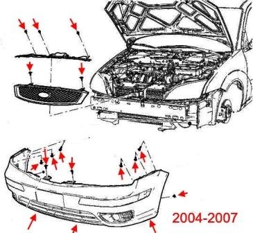 Schéma de montage du pare-chocs avant Ford Focus 2 (2004-2007)