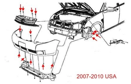 the scheme of fastening of the front bumper the Ford Focus 2 (2007-2010)