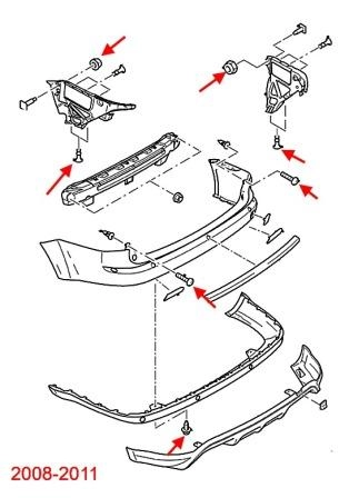 diagrama de montaje del parachoques trasero Ford Focus 2 (2008-2011)