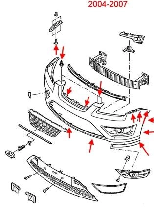 the scheme of fastening of the front bumper the Ford Focus 2 (2004-2007)