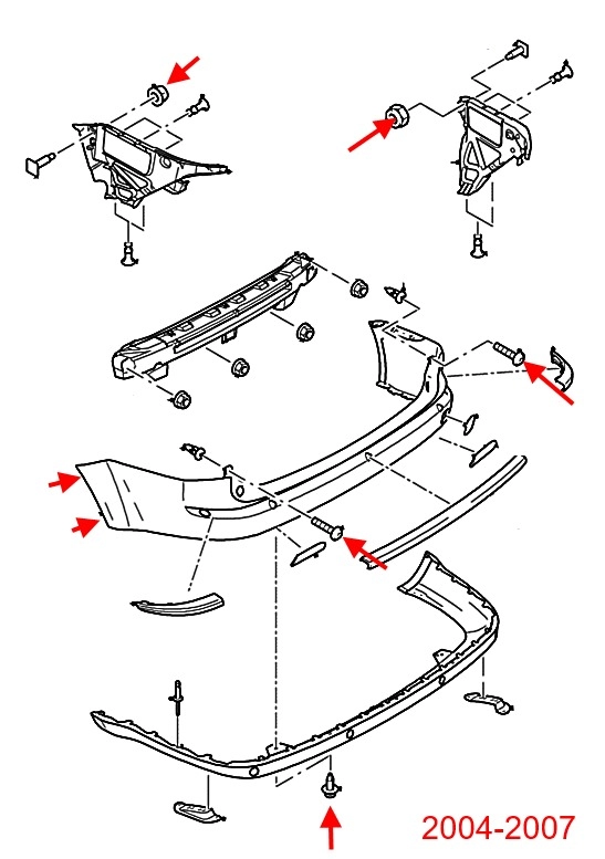 diagrama de montaje del parachoques trasero Ford Focus 2 (2004-2007)