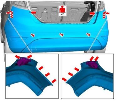 Schéma de montage du pare-chocs arrière Ford Focus 3 (depuis 2012)
