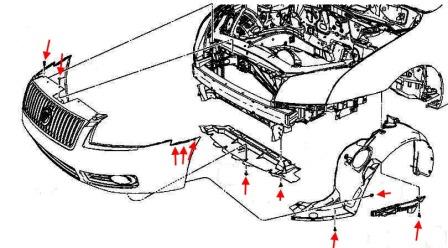 the scheme of mounting front bumper Ford Fusion (2002 - 2012) USA