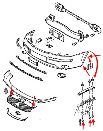 the scheme of mounting front bumper Ford Mondeo Mk3 (2000-2007)