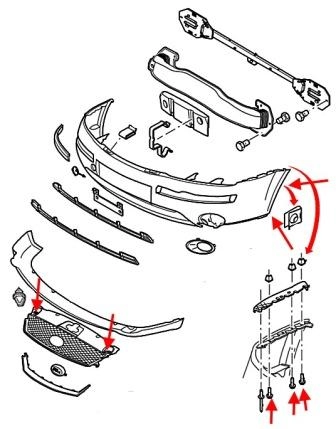 Schéma de montage du pare-chocs avant Ford Mondeo Mk3 (2000-2007)