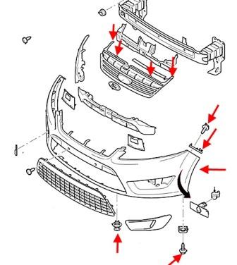 the scheme of mounting front bumper Ford Mondeo Mk4 (2007-2013)