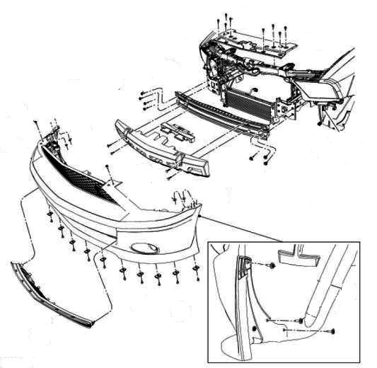 diagrama de montaje del parachoques delantero Ford Mustang (2005-2014)