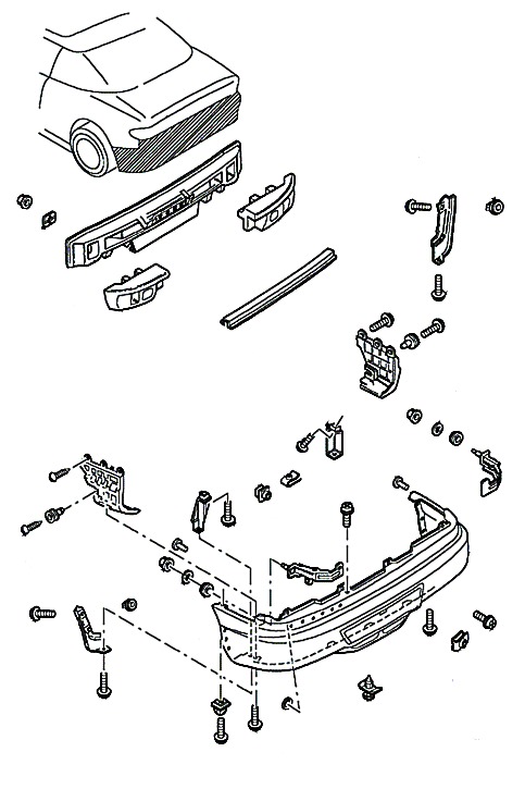 diagrama de montaje del parachoques trasero Ford Probe (1993-1998)