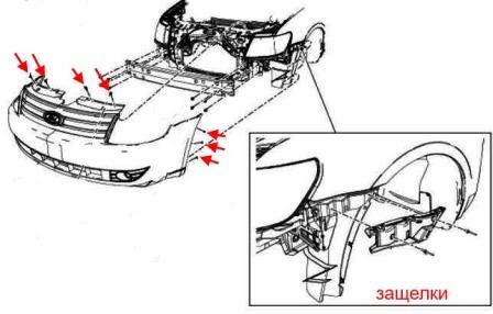 the scheme of fastening of the front bumper of the Ford Taurus (2007-2009)