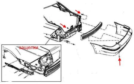 the scheme of fastening the rear bumper of the Ford Taurus (2007-2009)