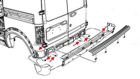 the scheme of fastening the rear bumper of the Ford Tourneo/Transit Connect (2002-2013)