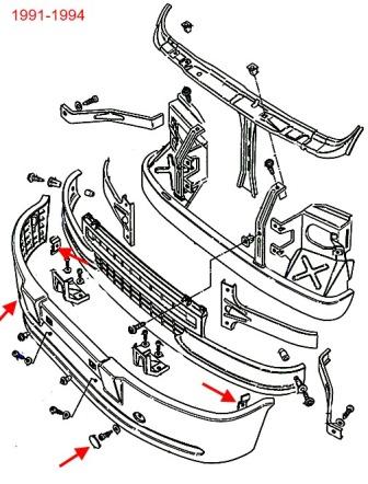 diagrama de montaje del parachoques delantero Ford Transit (1991-1994)