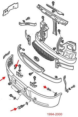 Montageplan für die vordere Stoßstange des Ford Transit (1994-2000)