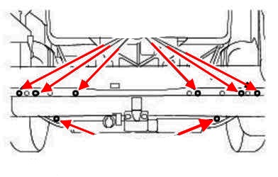 diagrama de montaje del parachoques trasero Ford Transit (2000-2006)