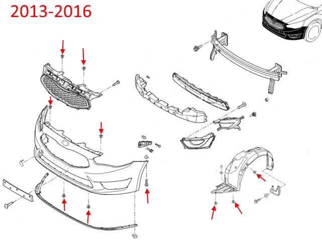 Esquema de montaje del parachoques delantero Kia Cadenza / K7 I (VG) (2010-2016)