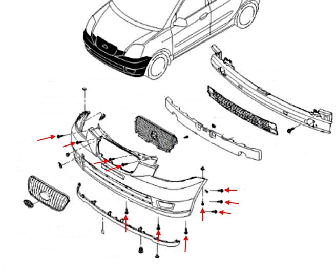 Схема крепления переднего бампера Kia Picanto / Morning I (SA) (2004-2010)
