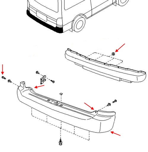 Kia Pregio rear bumper mounting scheme (1996-2005)