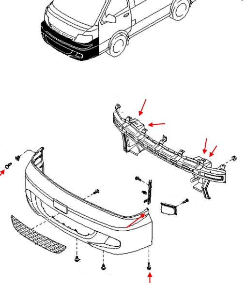 Esquema de montaje del parachoques delantero de Kia Pregio (1996-2005)