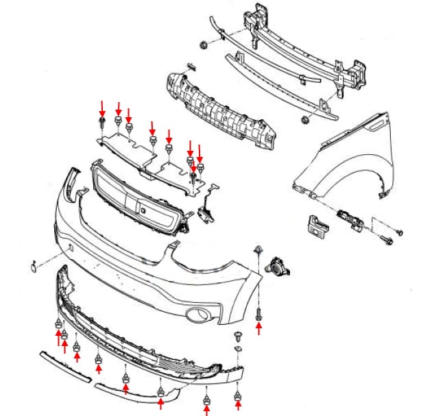 Схема крепления переднего бампера Kia Soul II (2014-2019)