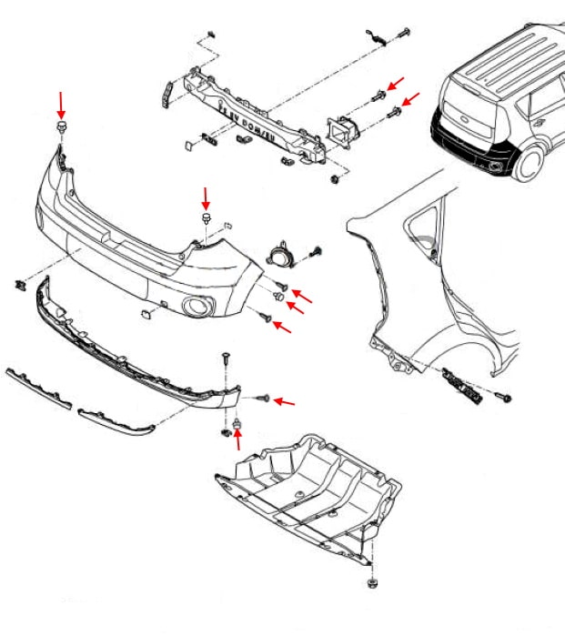 Esquema de montaje del parachoques trasero Kia Soul II (2014-2019)