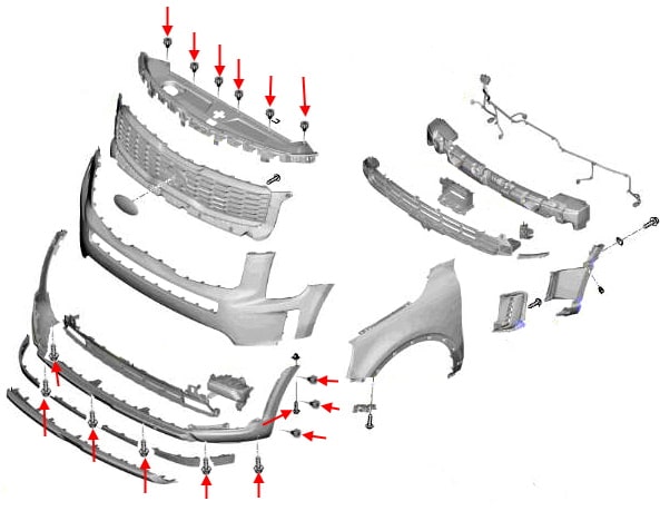 Схема крепления переднего бампера Kia Telluride