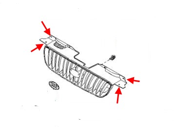 scheme of fastening of the radiator grille for KIA Carens (2000-2002)