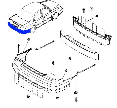 the scheme of fastening of the rear bumper KIA Clarus (Credos)