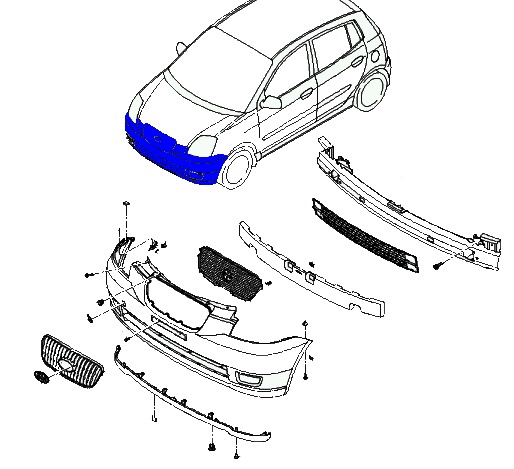 the scheme of fastening of the front bumper KIA Picanto (2004-2010)