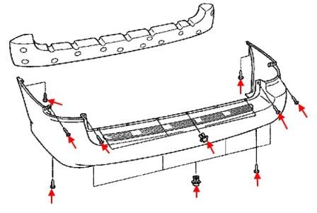 the scheme of fastening of the rear bumper KIA Carnival (1999-2006)