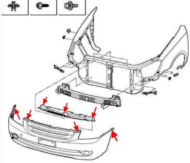 the scheme of fastening of the front bumper of the KIA Optima II / Magentis II MG (2005-2010)