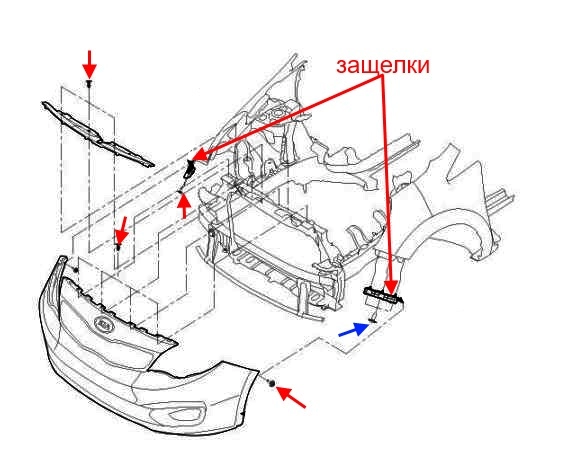 Diagrama de montaje del parachoques delantero del KIA Rio III (2011-2017)