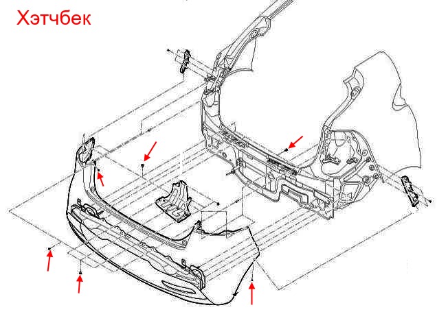 the scheme of fastening of the rear bumper KIA Rio III (after 2011) hatchback