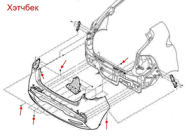 esquema de montaje para el parachoques trasero KIA Rio III (2011-2017) hatchback