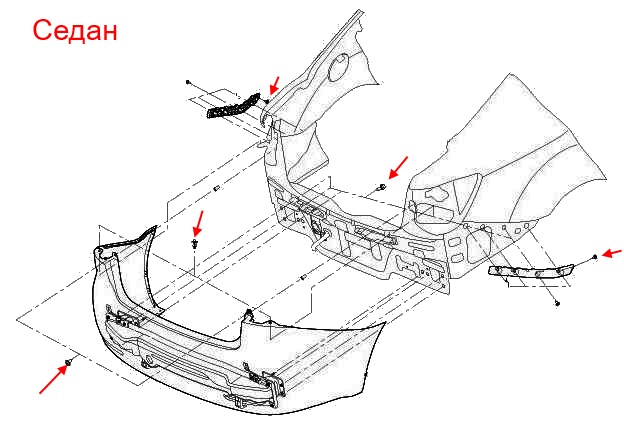 esquema de montaje del parachoques trasero para el sedán KIA Rio III (2011-2017)