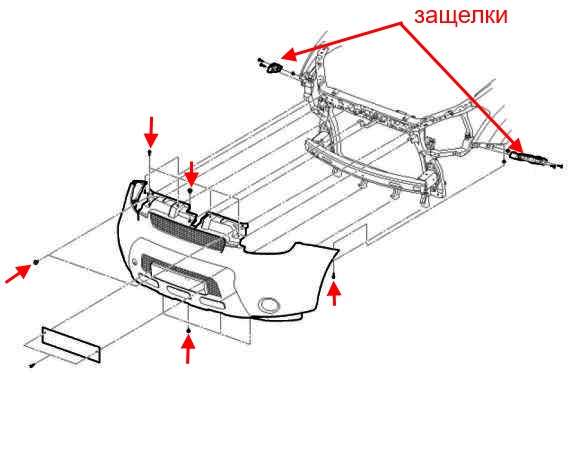 tthe scheme of fastening of the front bumper Kia Soul I (2008-2014)