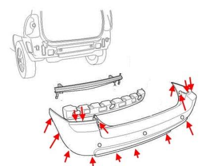 the scheme of fastening of the rear bumper Kia Sportage II JE / KM (2004-2010)
