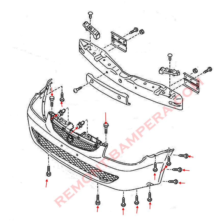 Mazda Protege Front Bumper Mounting Diagram (1998-2003)