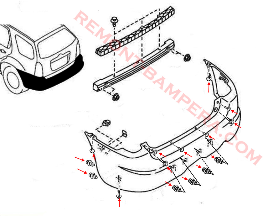 Mazda Tribute I-II rear bumper mounting diagram