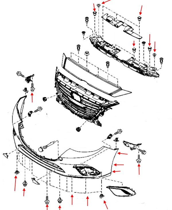 Schéma de montage du pare-chocs avant Mazda 3 III (BM) (2014-2018)