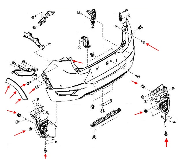 Esquema de montaje del parachoques trasero Mazda CX-3 DK5 (2014+)