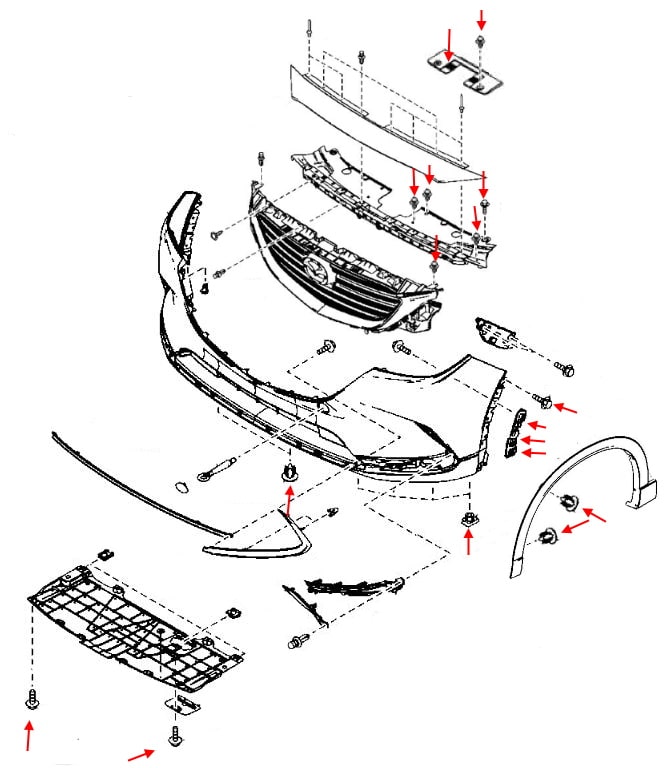 Diagrama de montaje del parachoques delantero del Mazda CX-9 II TC (2016+)