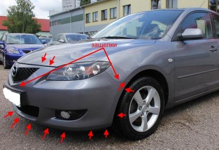 the attachment of the front bumper Mazda 3 I BK (2003-2009)