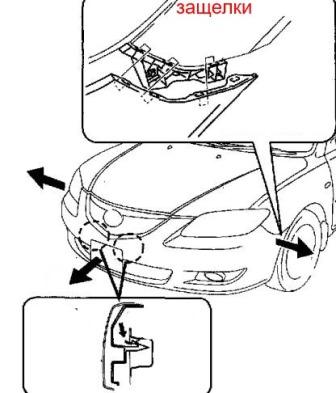 the scheme of fastening of the front bumper Mazda 3 I BK (2003-2009)