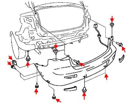 the scheme of fixing the rear bumper for Mazda 3 I BK (2003-2009)