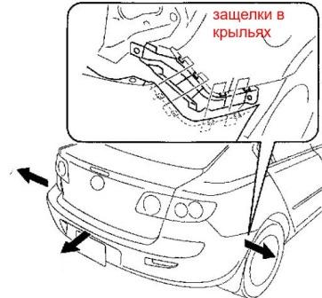 the scheme of fixing the rear bumper for Mazda 3 I BK (2003-2009)