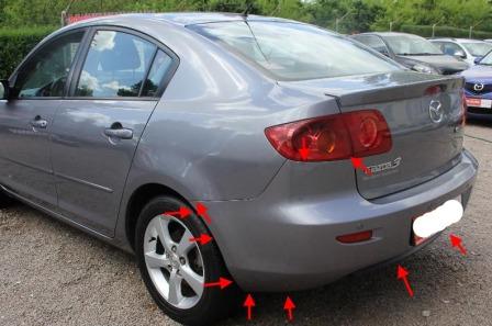 Befestigungspunkte für die hintere Stoßstange Mazda 3 I BK (2003-2009)